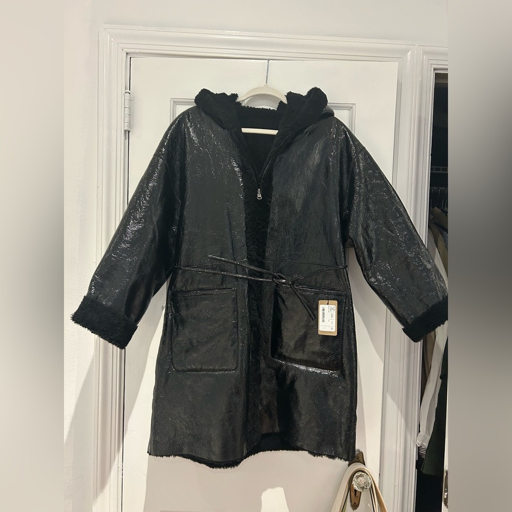 Rachel Comey FW22 New with Tags Faux Patent Leather Shearling Coat Size L